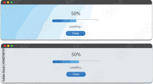 "User interface windows with loading bars at fifty percent completion, featuring progress indicators, close buttons, and design variations for software applications and digital UI elements"