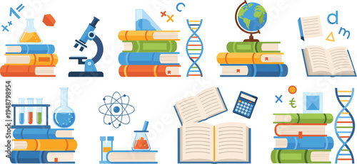 Education science books cartoon vector set with microscope DNA globe chemistry lab equipment school learning illustration