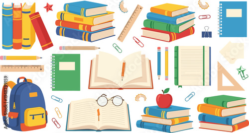 School study supplies and books cartoon vector set with notebooks backpack pencils ruler apple education elements
