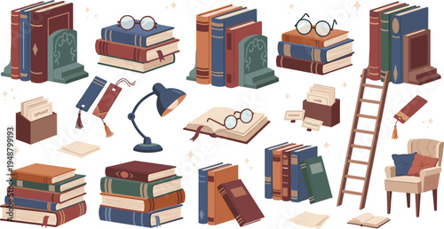 Vintage library books collection vector illustration with stacked books ladder reading lamp glasses study elements classic literature set