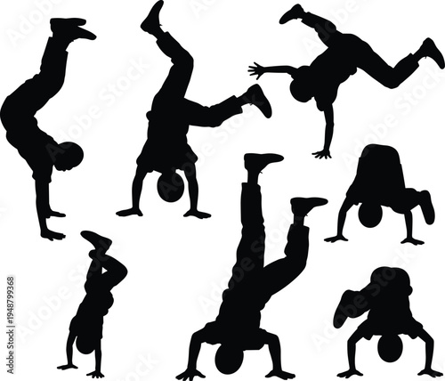 Breakdance dancer silhouettes collection isolated on white background hip hop breakdancer handstand moves vector set street dance performance illustration