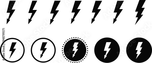 Lightning bolt icons, electricity symbol, energy power design, circular variations, graphic elements, electricity concept, vector illustration set