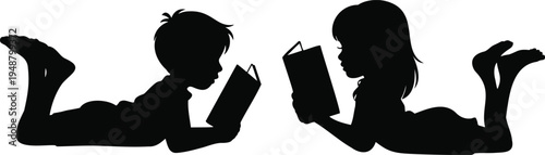 Children reading books silhouette, boy and girl lying on floor with book, kids reading and learning concept isolated on white background illustration