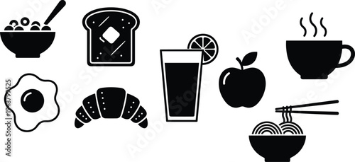 Black and white icons of diverse breakfast foods including cereal, toast, juice, apple, coffee, egg, croissant, noodles