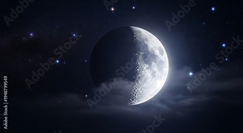 Half Moon Illuminated in Starry Night Sky
