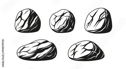 Set of 5 Hand Drawn Textured Rocks, Pebbles, Stones - Vector Graphics