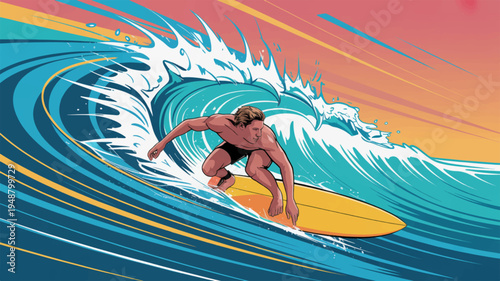 Surfer rides vibrant orange surfboard on large blue wave with white foam at sunset with pink and orange sky