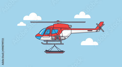 Red and white helicopter in flight carrying a stretcher, blue sky with clouds