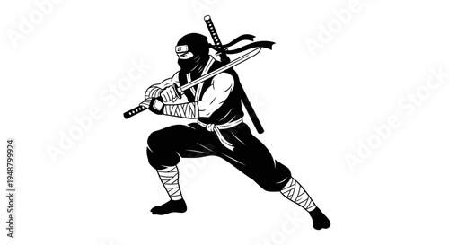 Ninja warrior with swords in action pose, black and white illustration