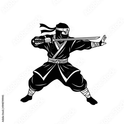 Ninja warrior with sword, ready for combat, dynamic pose, black and white illustration