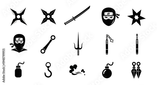 Ninja Weapons and Icons Set: Shuriken, Katana, Kunai, Bombs, Masks, and More