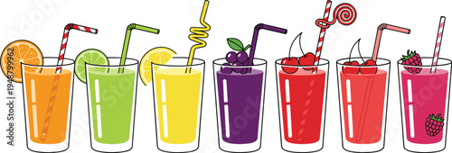 Colorful fruit juices in glasses with unique straws, garnished by orange, lime, lemon, grapes, cherries, raspberries