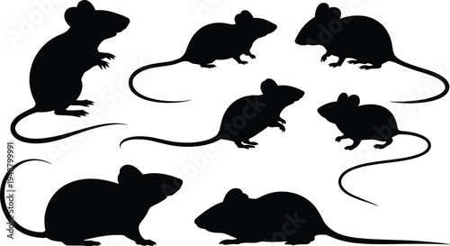Rat silhouettes collection isolated on white background mouse and rat poses vector set rodent animal illustration for logo design stencil