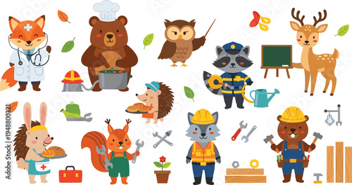 Cute Animal Workers and Professions Cartoon Vector Set with Fox Doctor, Raccoon Firefighter, Beaver Builder, Owl Teacher