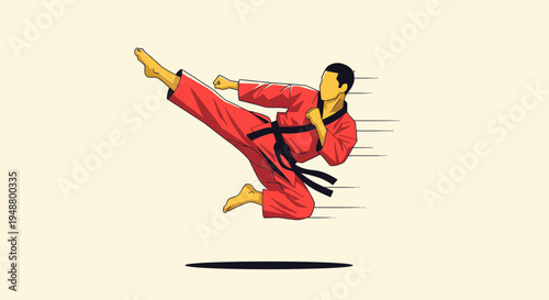 Karate fighter performing a flying side kick in red uniform, dynamic action pose, motion blur effect