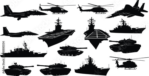 Military silhouettes set with tanks, fighter jets, helicopters, and aircraft carriers isolated on white background, army war machinery vector collection.