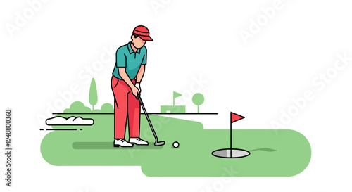 Golfer Putting on Green with Hole and Flag - Sports Illustration