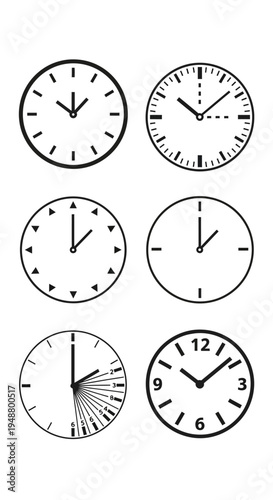 Collection of Six Different Clock Faces Showing Various Times and Styles