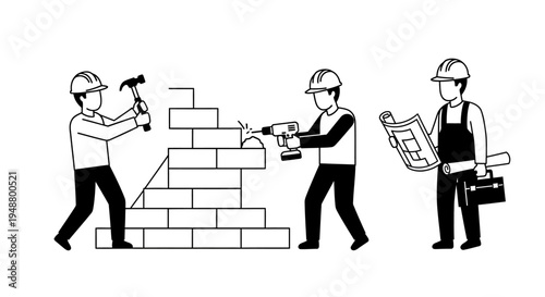 Construction workers building wall with bricks, drilling, and blueprint