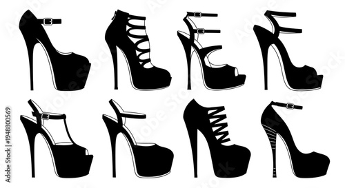 Collection of Black High Heel Platform Shoes, Fashion Footwear Assortment