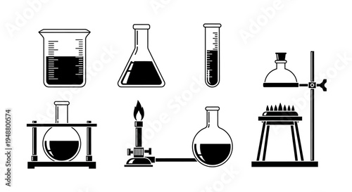 Chemistry Lab Equipment Icons: Beaker, Flask, Test Tube, Bunsen Burner, Stand