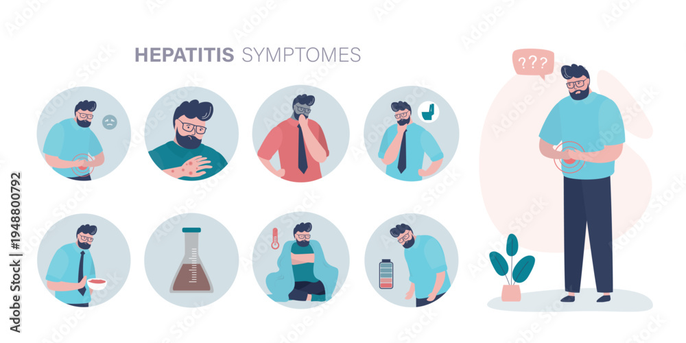 Fototapeta premium Hepatitis symptoms, infographic medical poster. Liver disease, sick and unhappy male character. Medical infographic. Hepatitis B symptoms, diagnostic and treatment