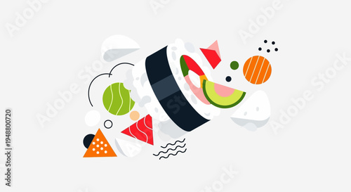Abstract Sushi Roll with Geometric Shapes, Food Illustration
