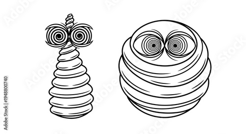 Abstract Surreal Characters with Swirling Eyes and Spiral Bodies