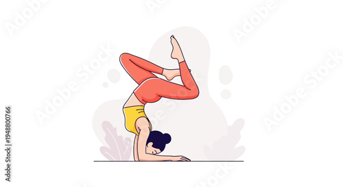 Woman practicing yoga handstand pose on mat, flexibility, strength, balance, wellness