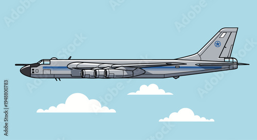 Vintage Bomber Aircraft Flying in Blue Sky with Clouds