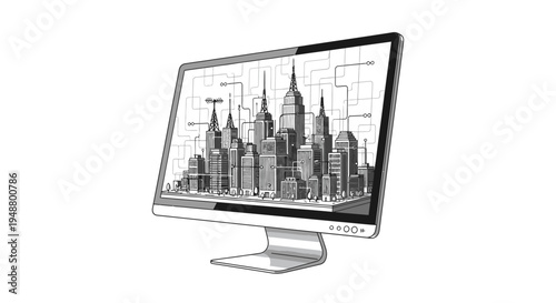 Futuristic Cityscape Displayed on a Computer Monitor Screen