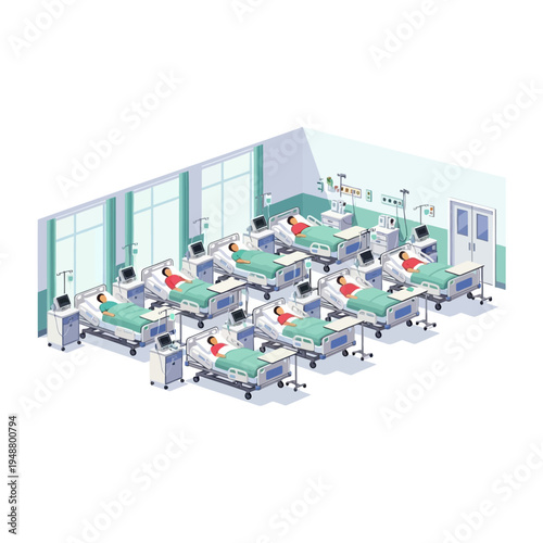 Isometric Hospital Ward with Patients in ICU Beds