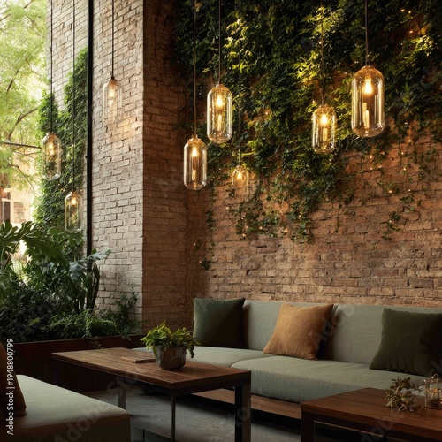 Interior featuring hanging glass lights, brick wall, greenery, and seating