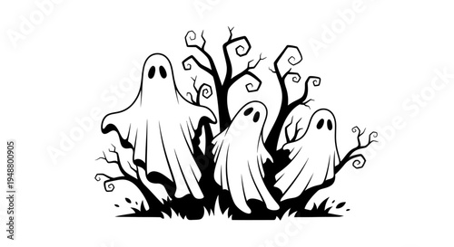 Spooky Halloween Ghosts and Gnarled Trees Silhouette - Spooky Night Scene