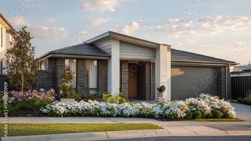 suburban. Australian suburban home with clean architectural lines, set in a peaceful residential neighborhood. real-estate listings.