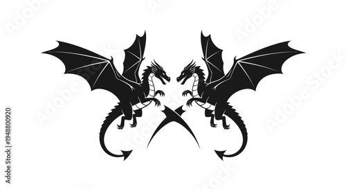 Symmetrical Black Dragons Facing Each Other with Sharp Element in Between