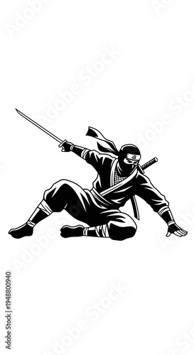 Silhouette of a ninja warrior in action, wielding a sword, dynamic pose, black and white