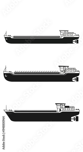 Set of three black and white cargo barges, isolated on white background