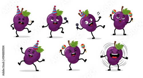 A collection of happy cartoon purple grapes with faces, arms, and legs, dancing and celebrating with party hats, microphones, and maracas.