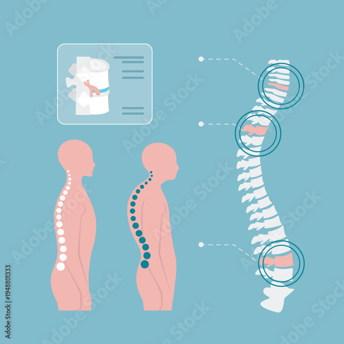Educational poster with type of scoliosis. kyphotic posture, hyperkyphosis, osteogenesis. Disorders of musculoskeletal system. Example of scoliosis. Spinal curvature