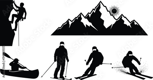 Outdoor adventure sports silhouettes set with mountain climbing skiing and kayaking isolated on white background extreme winter activity vector illustration.