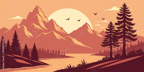 Stylized summer sunset behind mountain peaks and lake vector