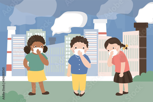 Effect of Air Pollution. Unhappy kids in masks because of fine dust PM 2.5, multi ethnic children wearing mask against smog. Fine dust, air pollution, industrial smog