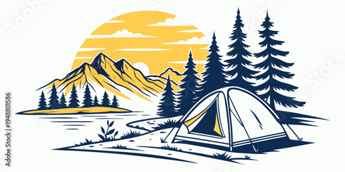Camping scene by a mountain lake in a summer landscape. Vector 