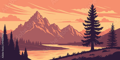 Summer sunset behind mountain peaks and a lake vector