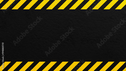 Industrial hazard warning frame with yellow and black caution stripes on dark grunge metal texture. Safety themed background suitable for construction, danger alerts and industrial design.
