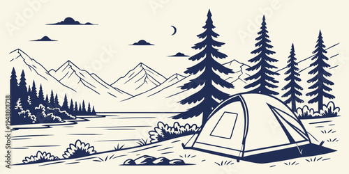 Vector camping scene by a mountain lake in a summer landscape