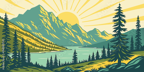 Bright summer nature poster featuring the sun, mountains, and a lake. Vector 