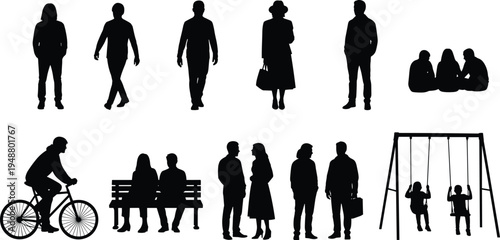 People silhouette collection, walking figures, standing poses, cycling, swing set, social interaction, everyday lifestyle, black and white illustration