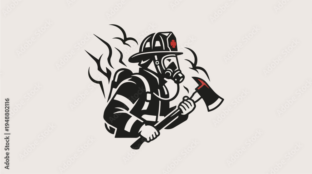 Fototapeta premium Brave Firefighter in Action with Axe and Smoke 1.